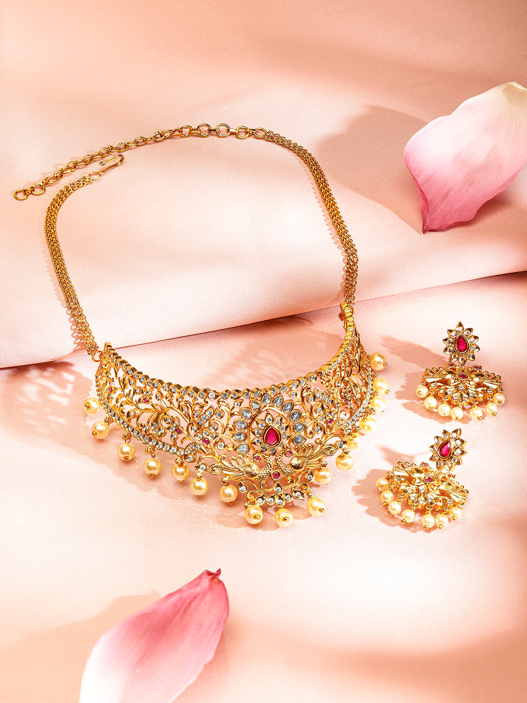Captivating Red Gold Plated Choker Set Red