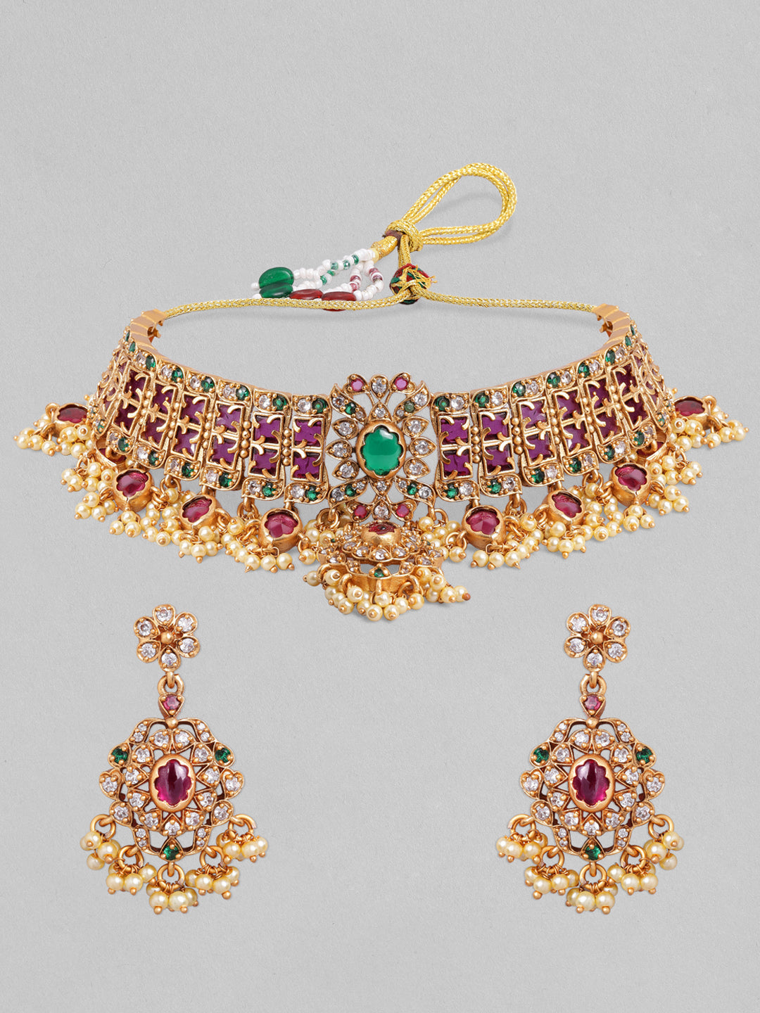 Rubans Luxury 24K Gold Plated Handcrafted Ruby stone & Gold Pearls Studded Choker Set Multicolor