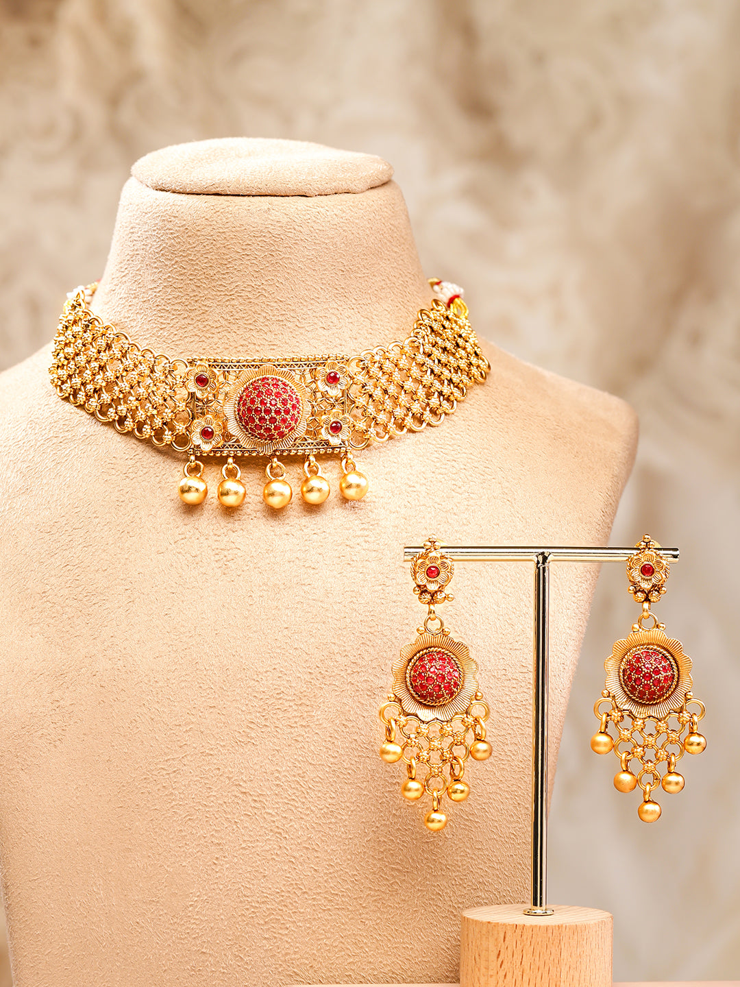 Rubans 24K Gold Plated Handcrafted Ruby Stone Studded & Gold Beaded Traditional Choker Set Gold