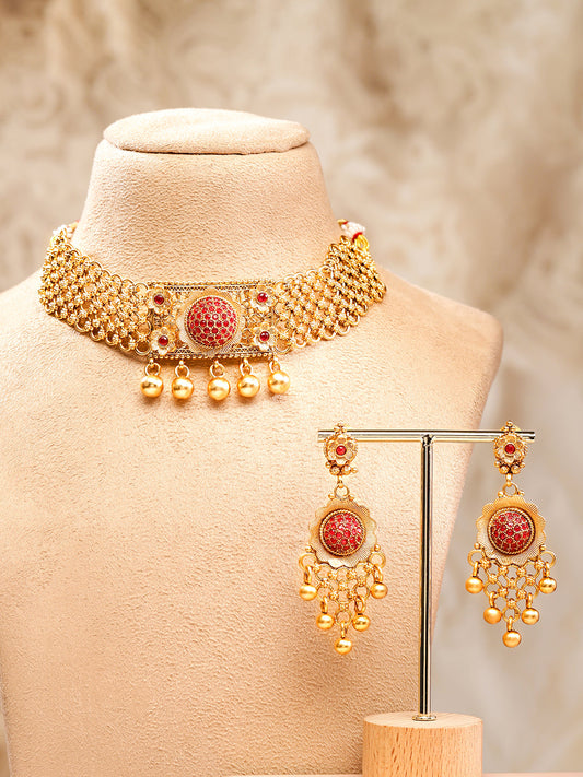 Rubans 24K Gold Plated Handcrafted Ruby Stone Studded & Gold Beaded Traditional Choker Set Gold