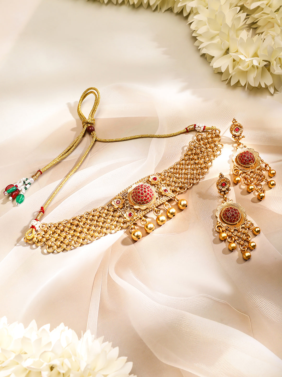 Rubans 24K Gold Plated Handcrafted Ruby Stone Studded & Gold Beaded Traditional Choker Set Gold