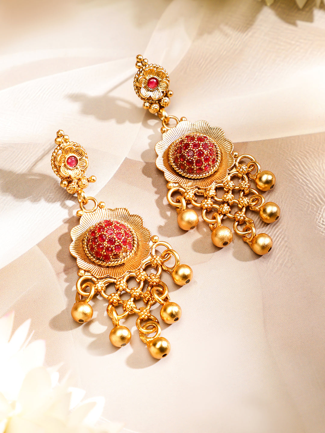 Rubans 24K Gold Plated Handcrafted Ruby Stone Studded & Gold Beaded Traditional Choker Set Gold