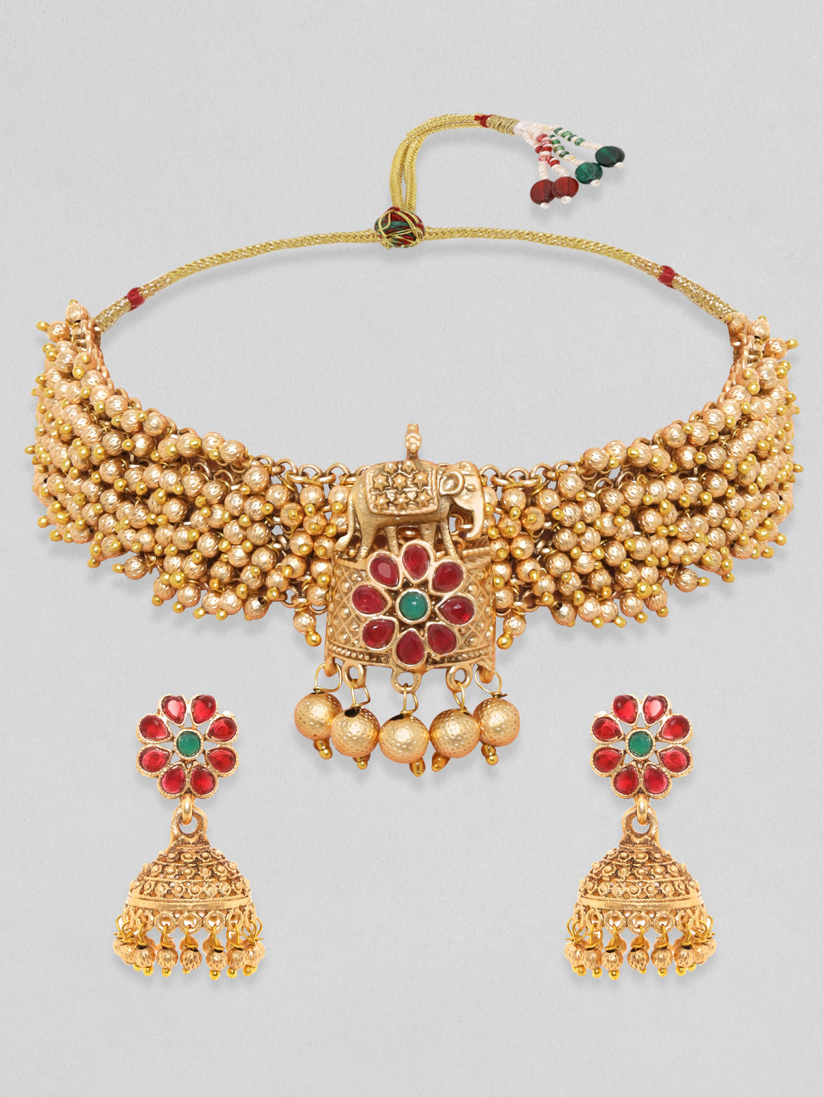 Rubans 24K Gold Plated Handcrafted Ruby Stone & Gold Ghungroo Temple Choker Set Gold