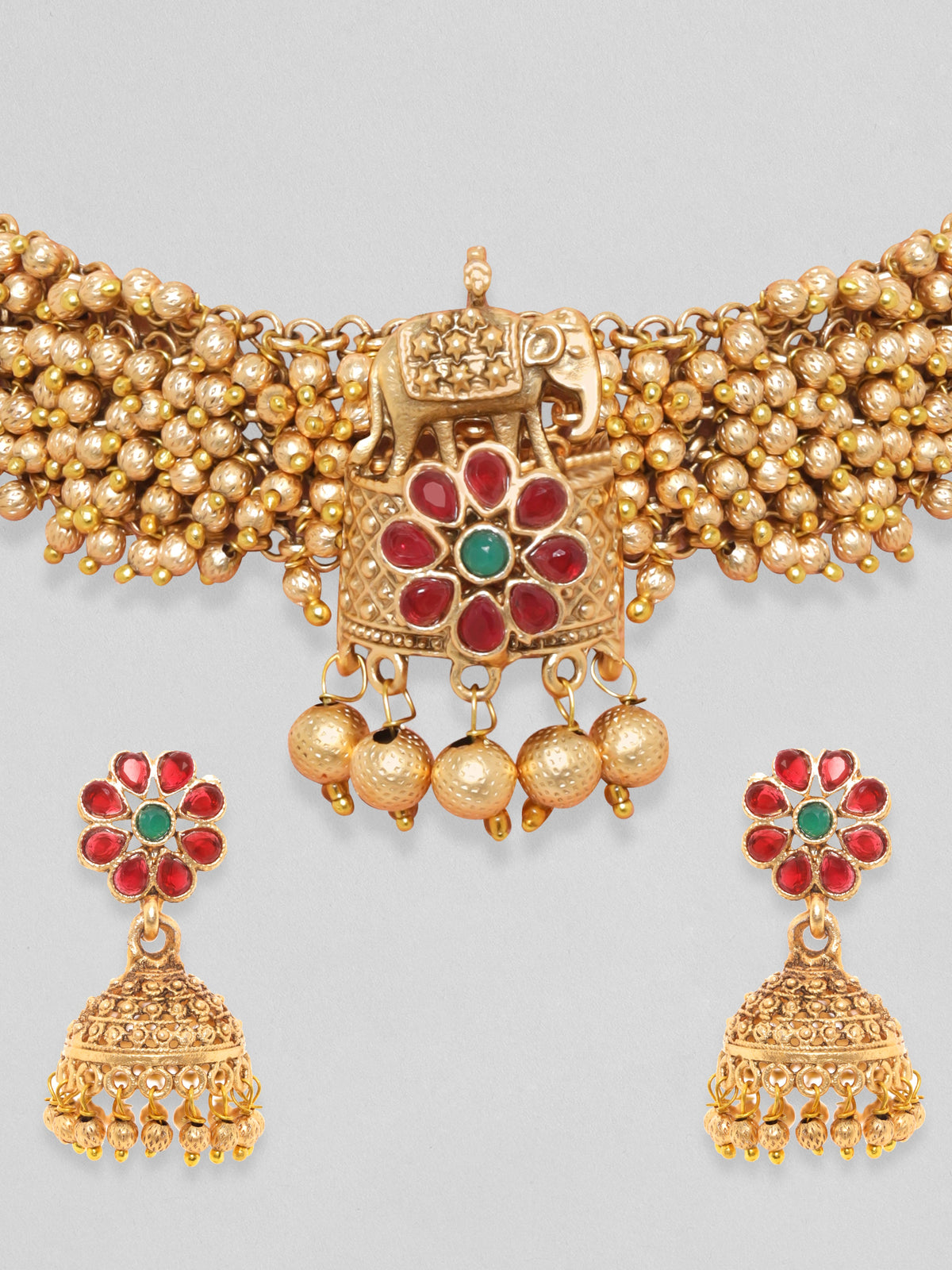 Rubans 24K Gold Plated Handcrafted Ruby Stone & Gold Ghungroo Temple Choker Set Gold