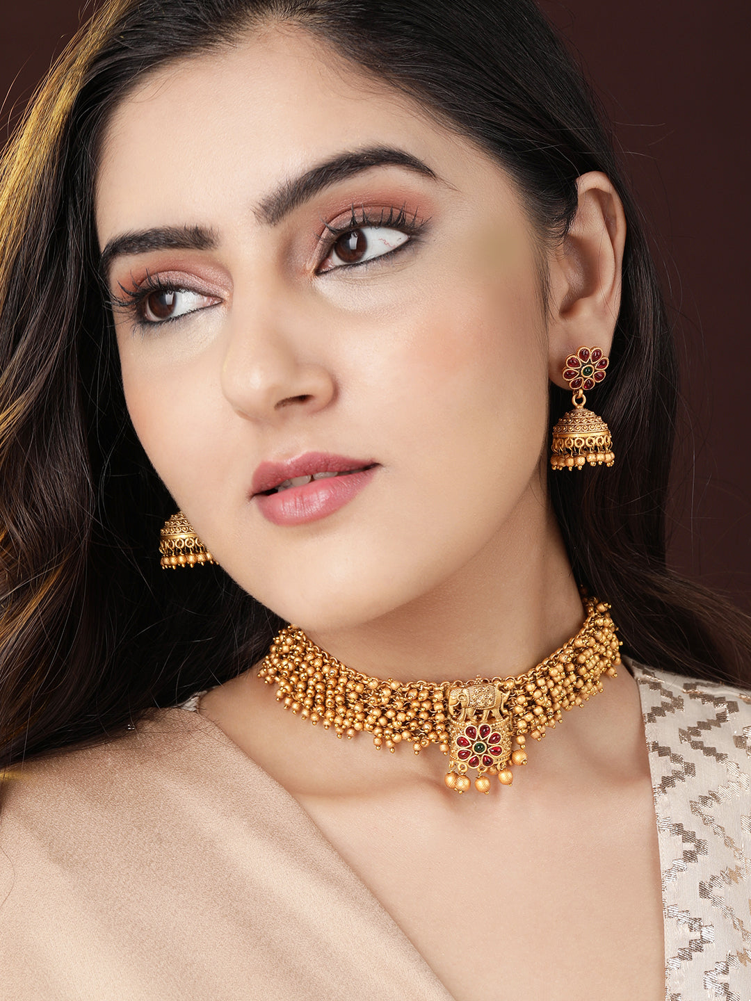 Rubans 24K Gold Plated Handcrafted Ruby Stone & Gold Ghungroo Temple Choker Set Gold