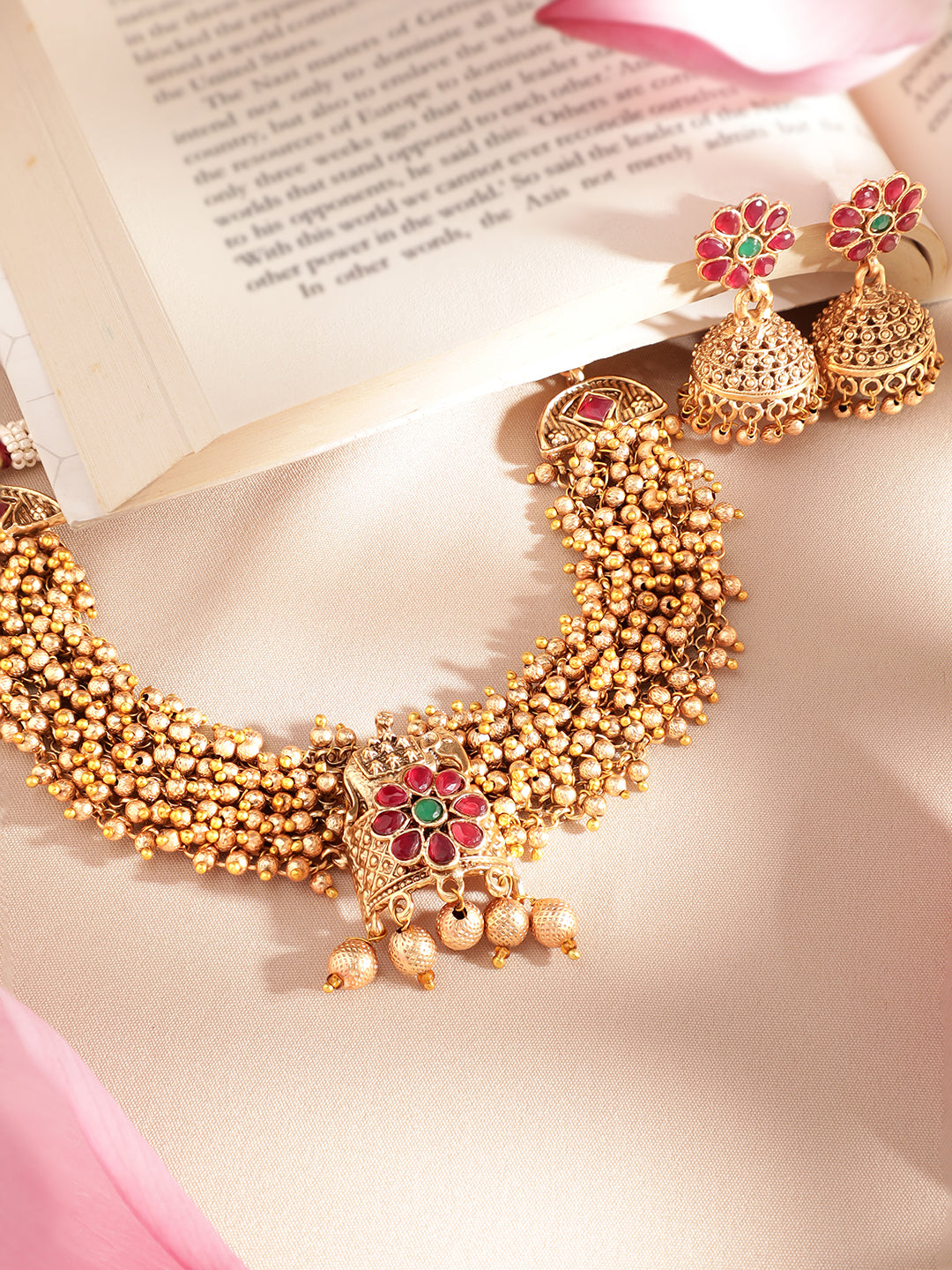 Rubans 24K Gold Plated Handcrafted Ruby Stone & Gold Ghungroo Temple Choker Set Gold