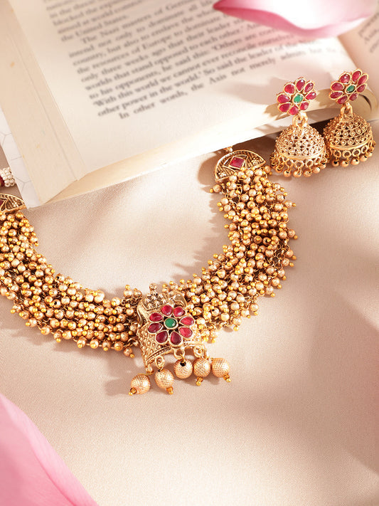 Rubans 24K Gold Plated Handcrafted Ruby Stone & Gold Ghungroo Temple Choker Set Gold