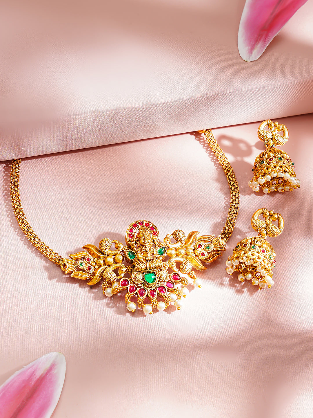 【Rubans】 Gold Plated Peacock Motif Pearl Drop Temple Choker Set｜ゴールドメッキ 孔雀モチーフ パールドロップ テンプル チョーカーセット
