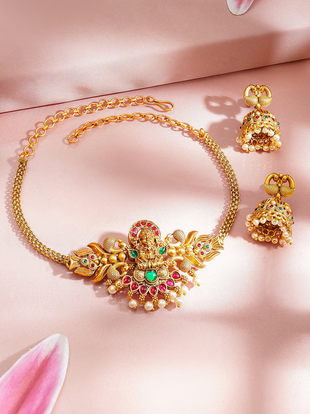 【Rubans】 Gold Plated Peacock Motif Pearl Drop Temple Choker Set｜ゴールドメッキ 孔雀モチーフ パールドロップ テンプル チョーカーセット