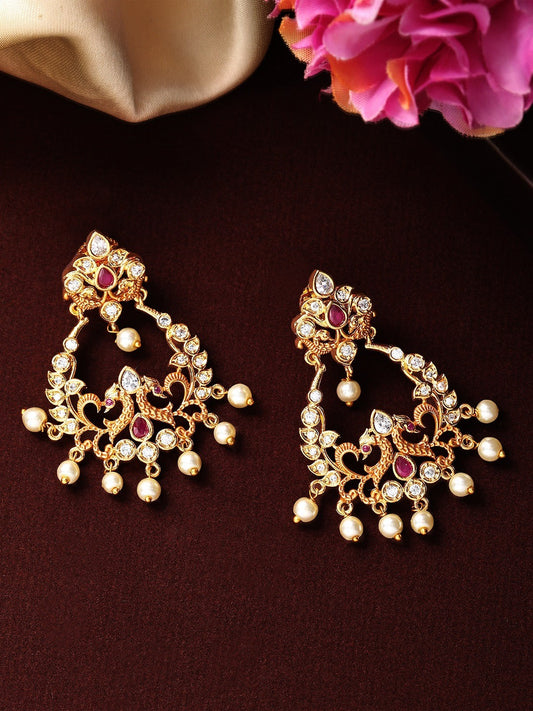 Rubans 24K Gold Plated Handcrafted Ruby Stone with White Pearls Drop Earrings Gold