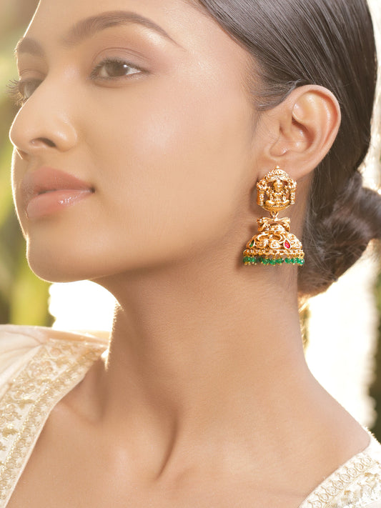 Green Beaded Temple Motif Gold Jhumkas フリーサイズ