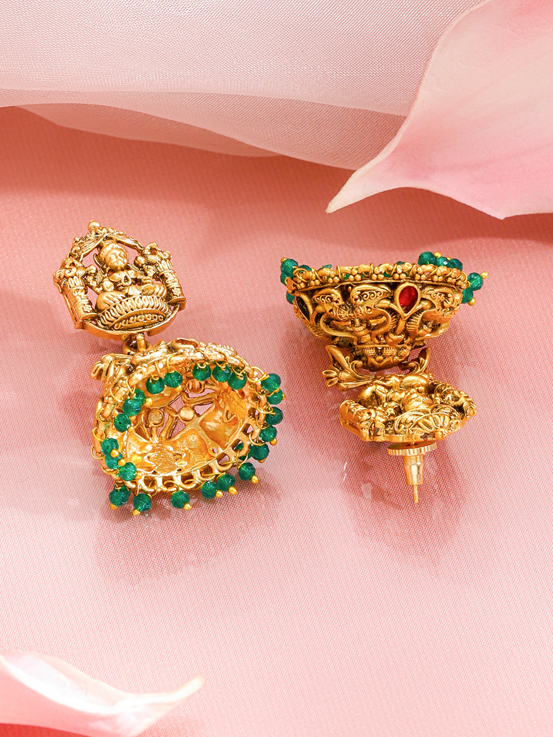 Green Beaded Temple Motif Gold Jhumkas フリーサイズ
