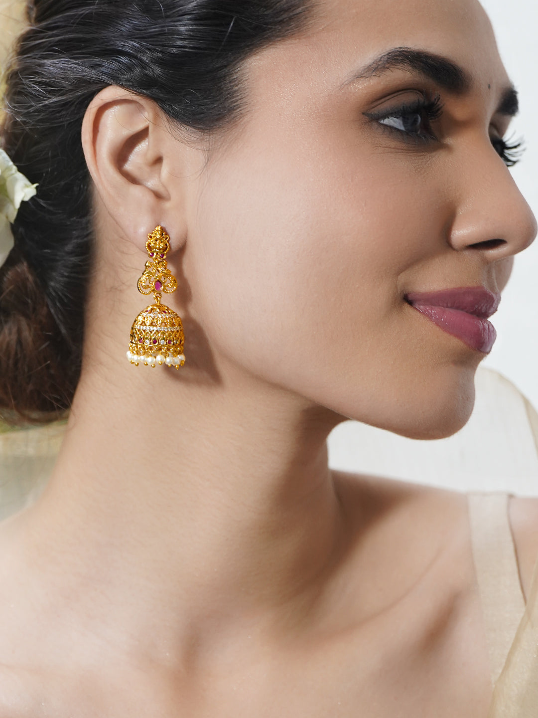 Festive Ruby Pearl Temple Jhumkas フリーサイズ
