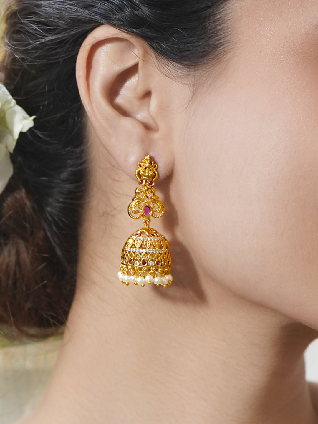 Festive Ruby Pearl Temple Jhumkas フリーサイズ