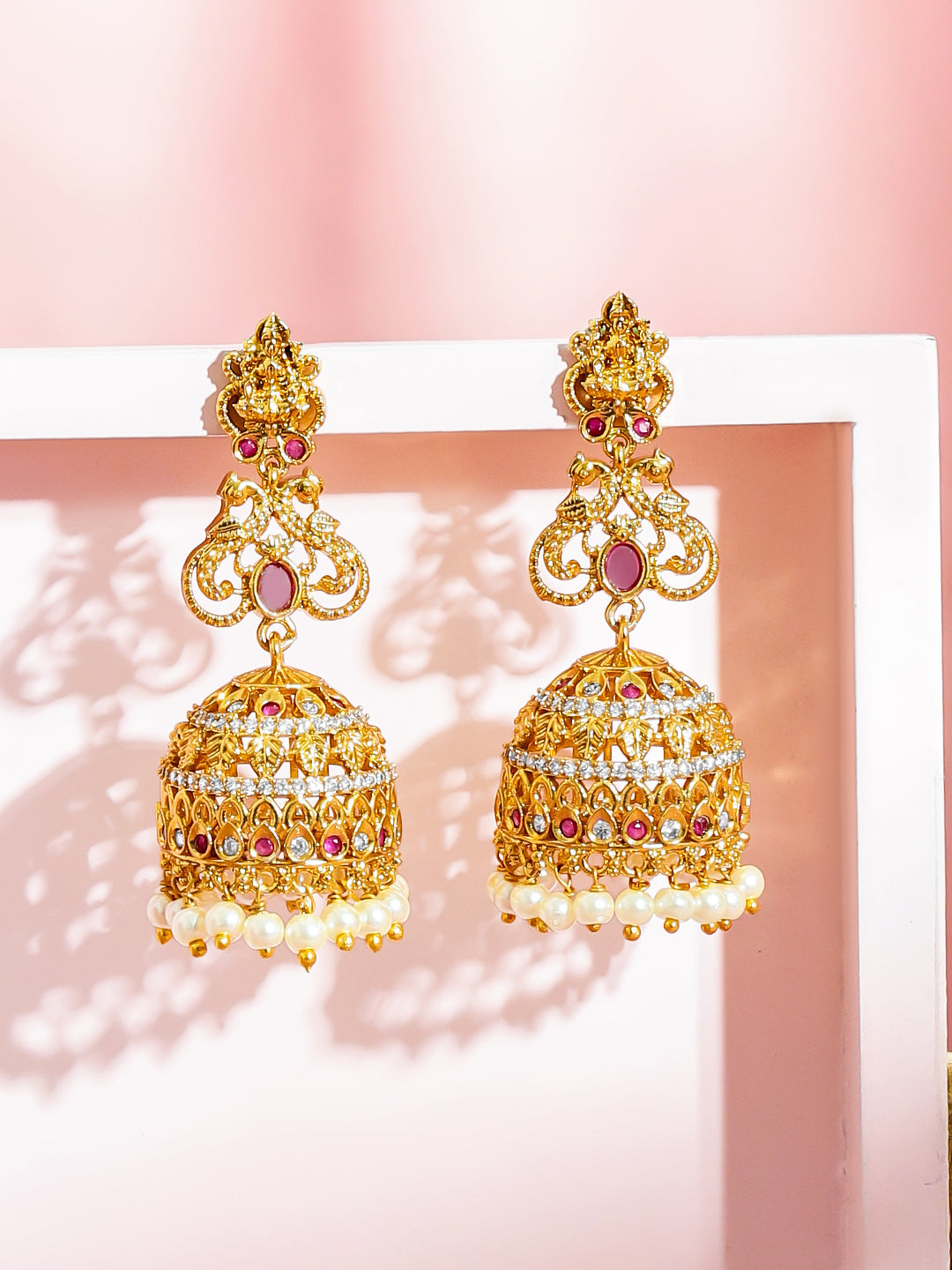 Festive Ruby Pearl Temple Jhumkas フリーサイズ