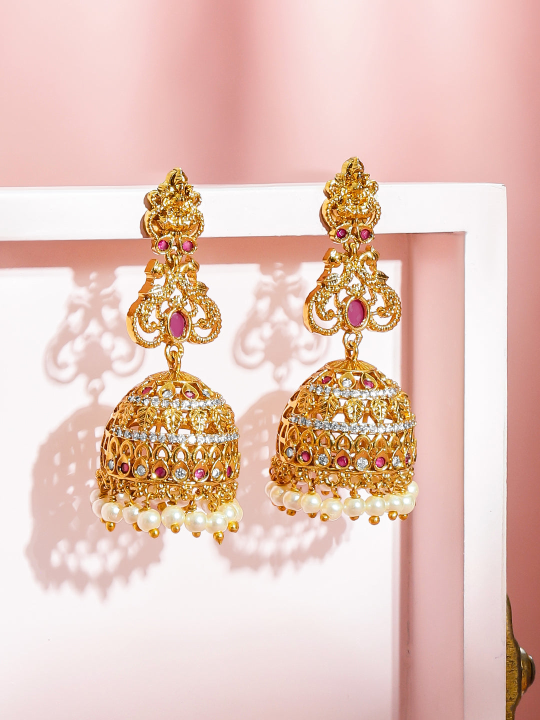 Festive Ruby Pearl Temple Jhumkas フリーサイズ