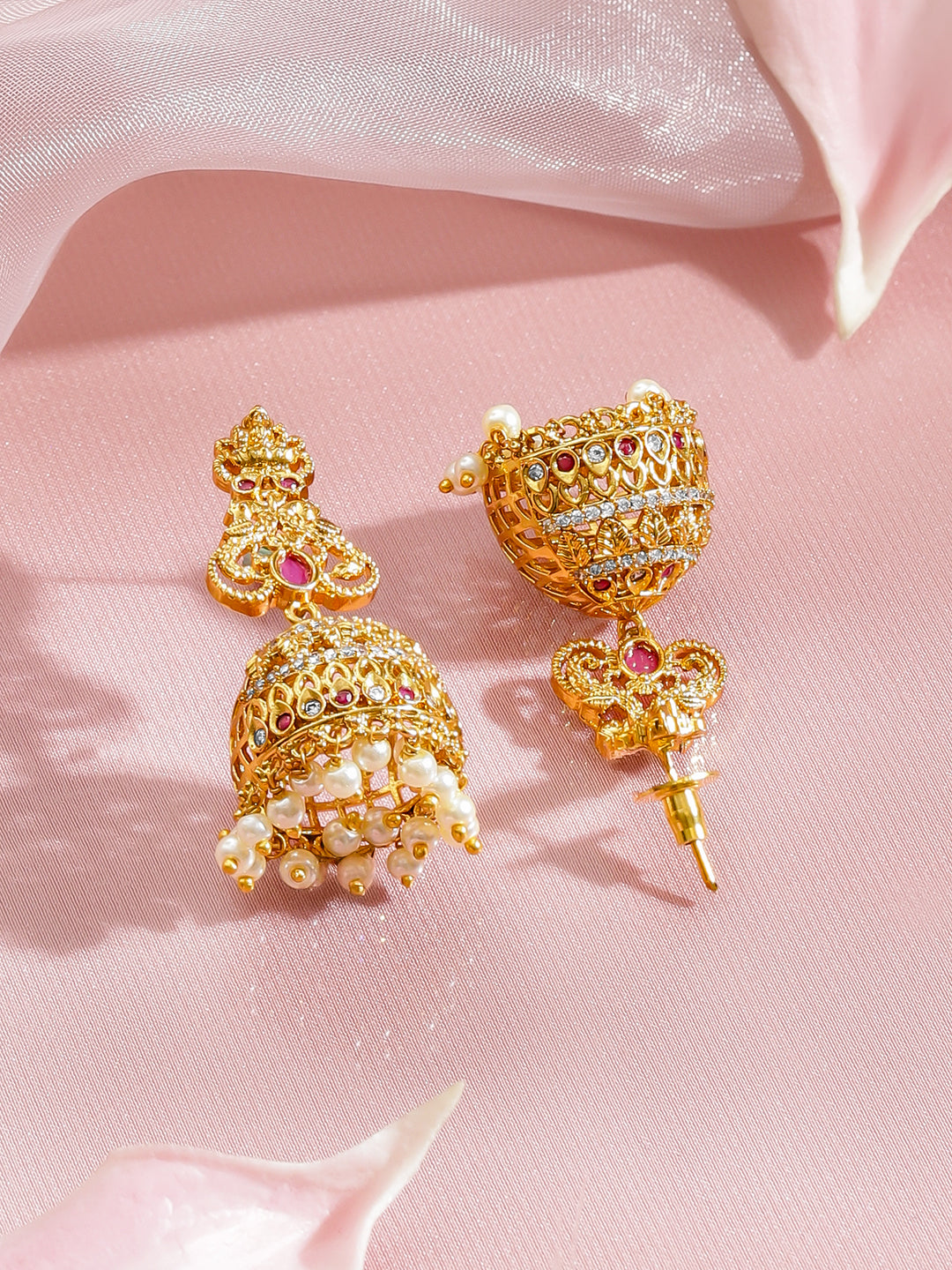 Festive Ruby Pearl Temple Jhumkas フリーサイズ