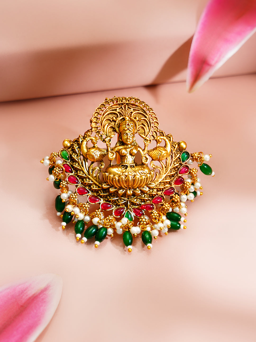 【Rubans】 Gold Plated Temple Moti Ruby Studded Pearl Drop Green Beaded Hair Brooch｜ゴールドメッキ テンプル モティ ルビー パールドロップ グリーンビーズ ヘアブローチ