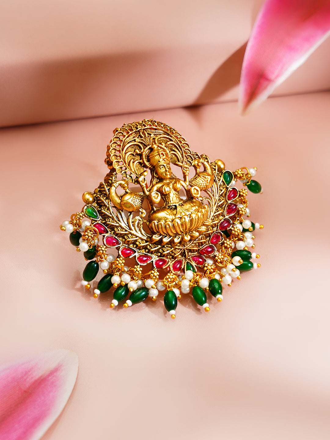 【Rubans】 Gold Plated Temple Moti Ruby Studded Pearl Drop Green Beaded Hair Brooch｜ゴールドメッキ テンプル モティ ルビー パールドロップ グリーンビーズ ヘアブローチ