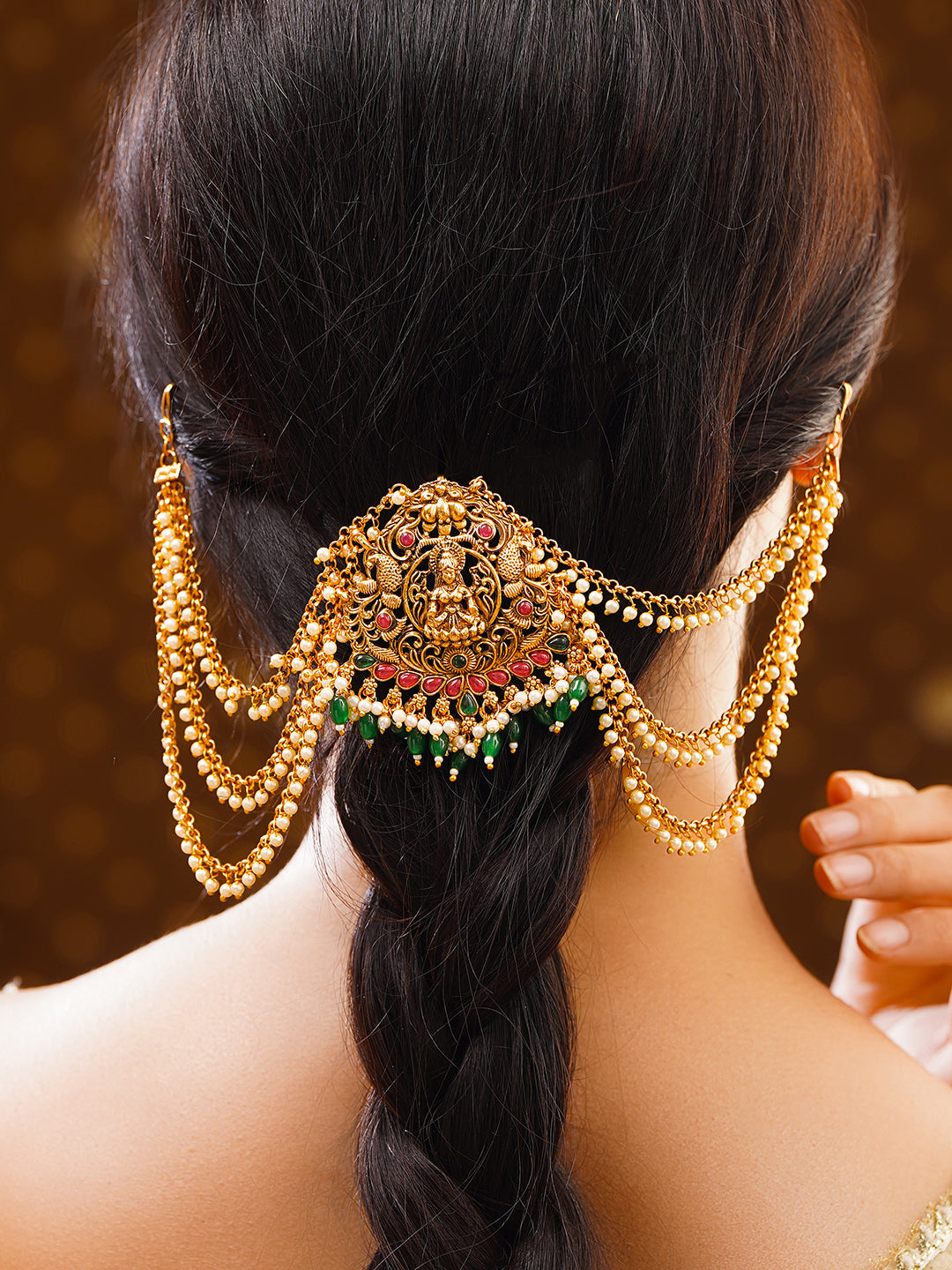 【Rubans】 Gold Plated Divine Lakshmi Emerald Pearl Drop Hair Accessory｜ゴールドメッキ ラクシュミー エメラルドカラー パールドロップ ヘアアクセサリー