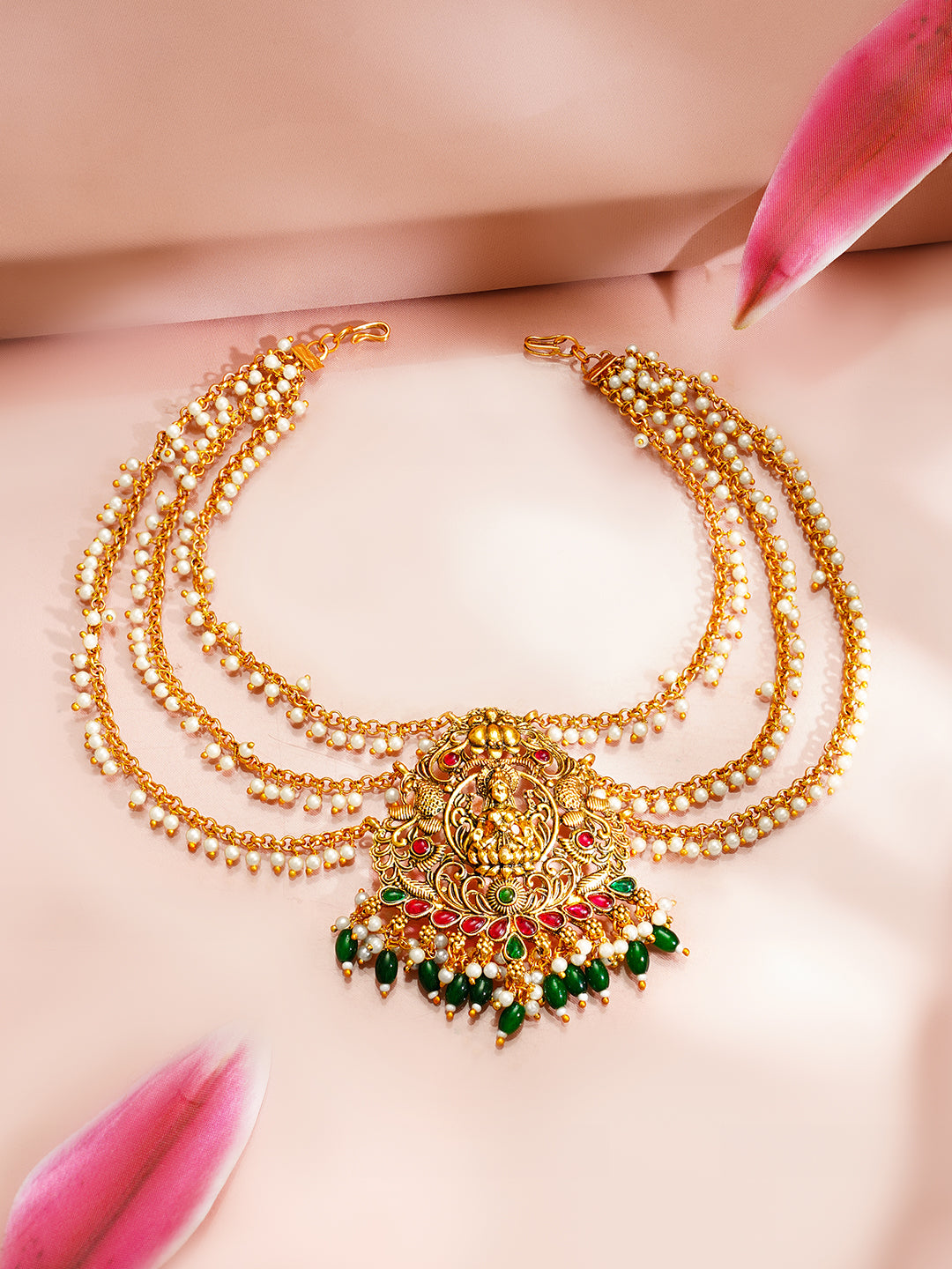【Rubans】 Gold Plated Divine Lakshmi Emerald Pearl Drop Hair Accessory｜ゴールドメッキ ラクシュミー エメラルドカラー パールドロップ ヘアアクセサリー