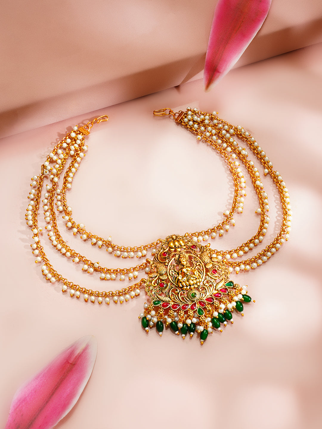 【Rubans】 Gold Plated Divine Lakshmi Emerald Pearl Drop Hair Accessory｜ゴールドメッキ ラクシュミー エメラルドカラー パールドロップ ヘアアクセサリー
