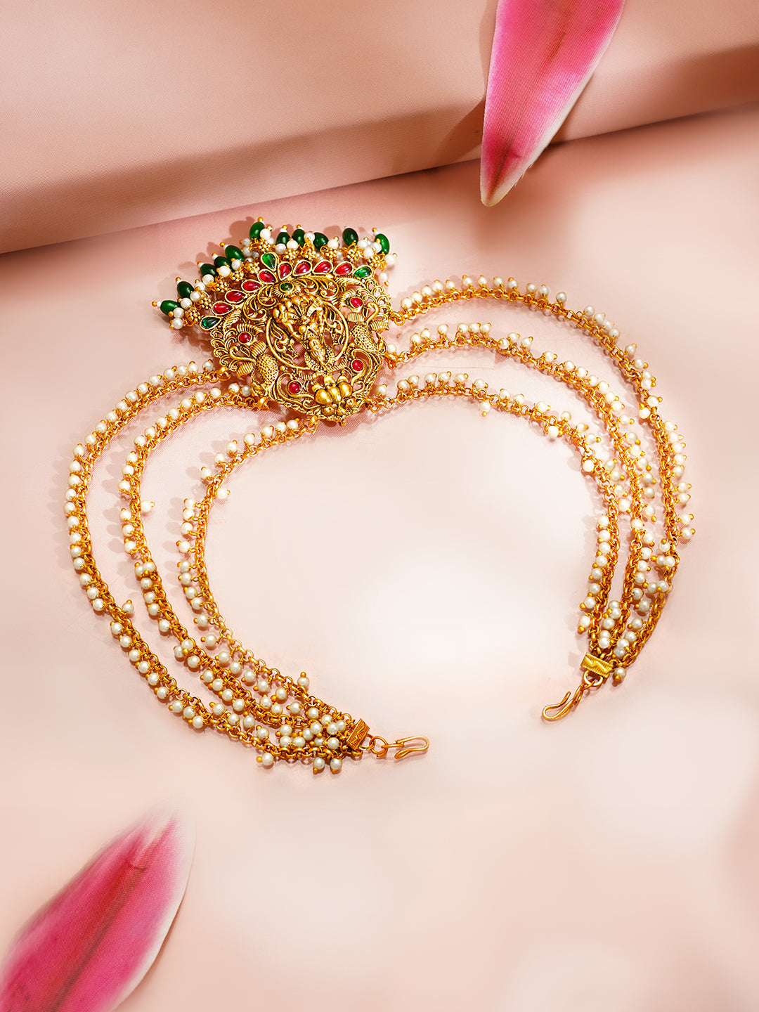 【Rubans】 Gold Plated Divine Lakshmi Emerald Pearl Drop Hair Accessory｜ゴールドメッキ ラクシュミー エメラルドカラー パールドロップ ヘアアクセサリー