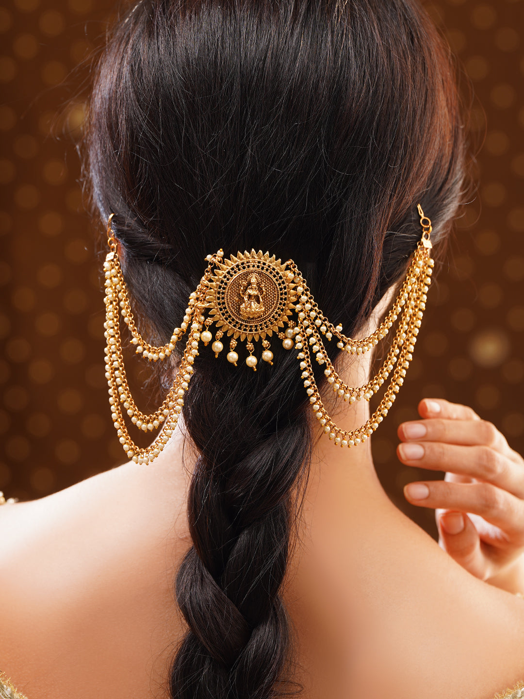 【Rubans】Gold plated Lakshmi Sunburst Pearl Layered Hair Chain｜ゴールドメッキ ラクシュミ サンバースト パール レイヤード ヘアチェーン