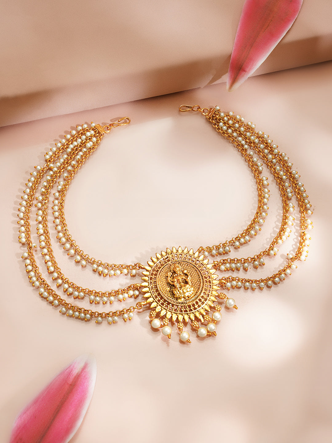 【Rubans】Gold plated Lakshmi Sunburst Pearl Layered Hair Chain｜ゴールドメッキ ラクシュミ サンバースト パール レイヤード ヘアチェーン