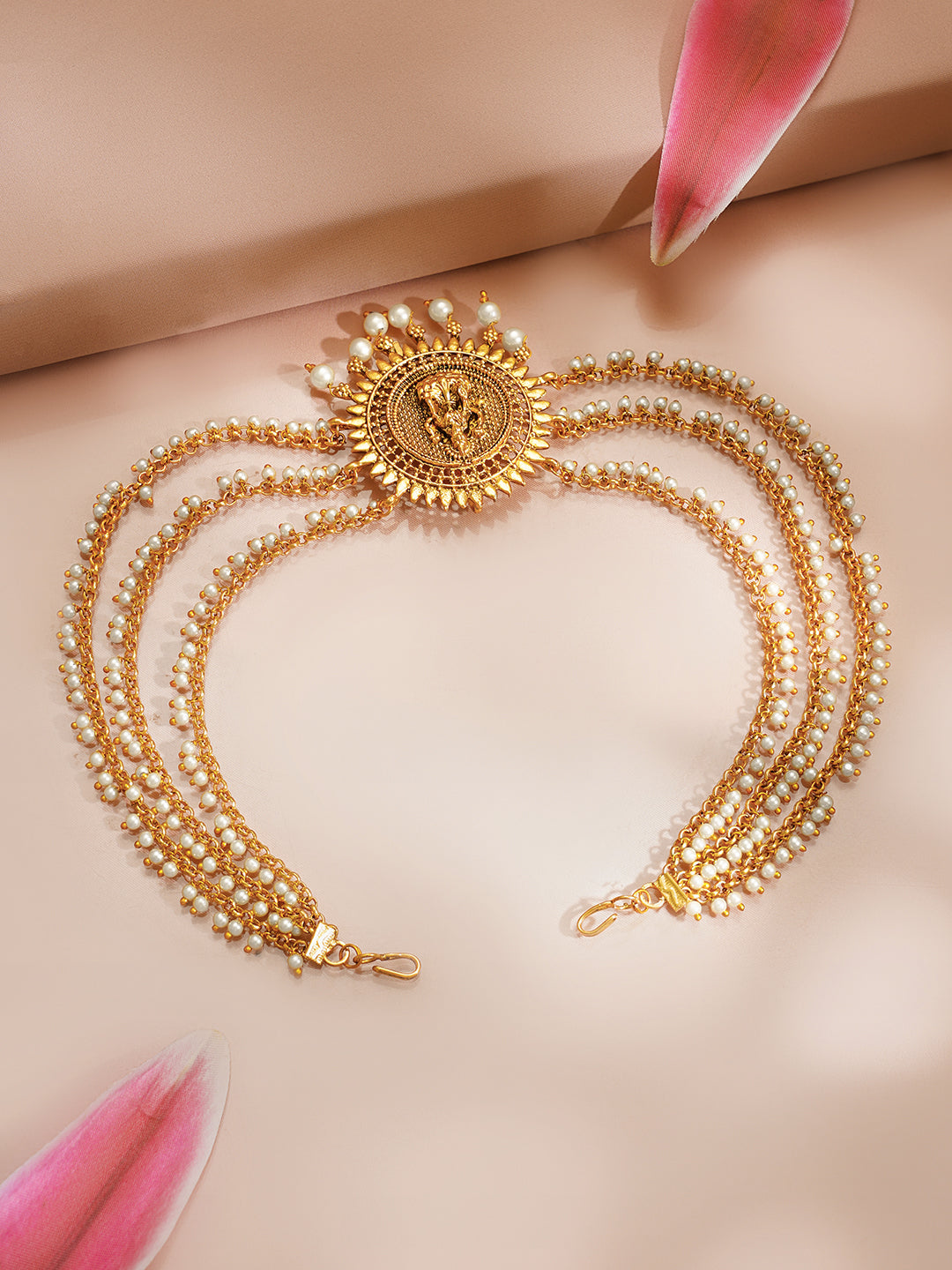 【Rubans】Gold plated Lakshmi Sunburst Pearl Layered Hair Chain｜ゴールドメッキ ラクシュミ サンバースト パール レイヤード ヘアチェーン