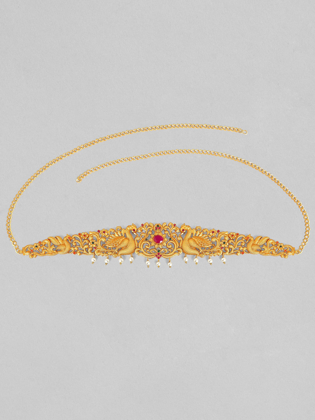 Rubans 24K Gold Plated Handcrafted Ruby with Peacock Tradional Kamarbandh Gold