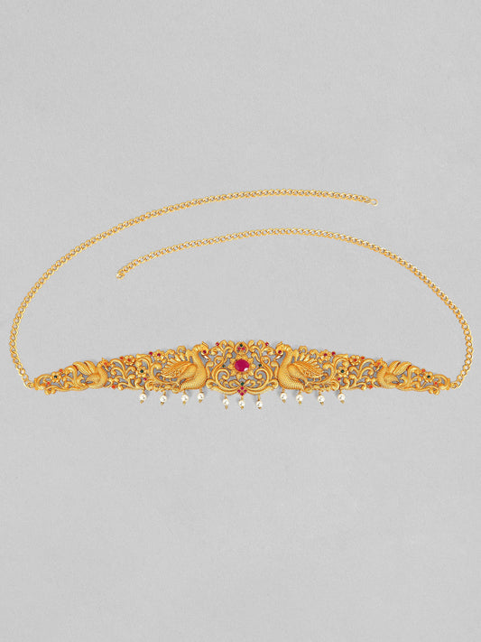 Rubans 24K Gold Plated Handcrafted Ruby with Peacock Tradional Kamarbandh Gold
