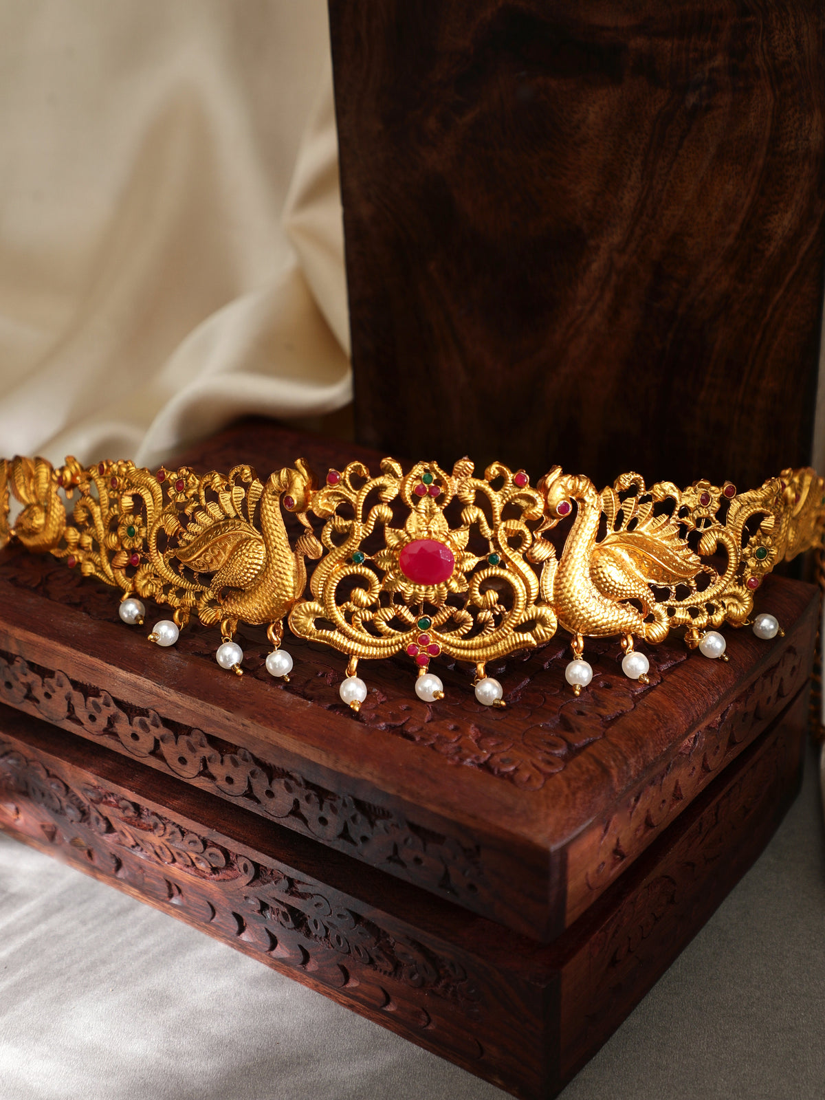 Rubans 24K Gold Plated Handcrafted Ruby with Peacock Tradional Kamarbandh Gold
