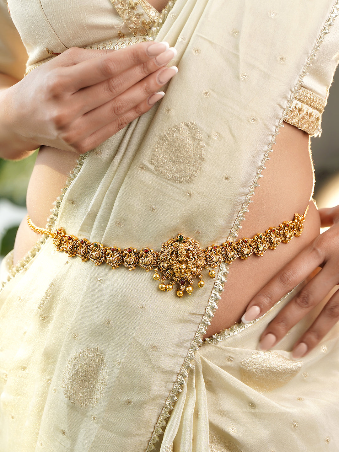 Peacock & Laxmi Motif Golden Kamarbandh フリーサイズ