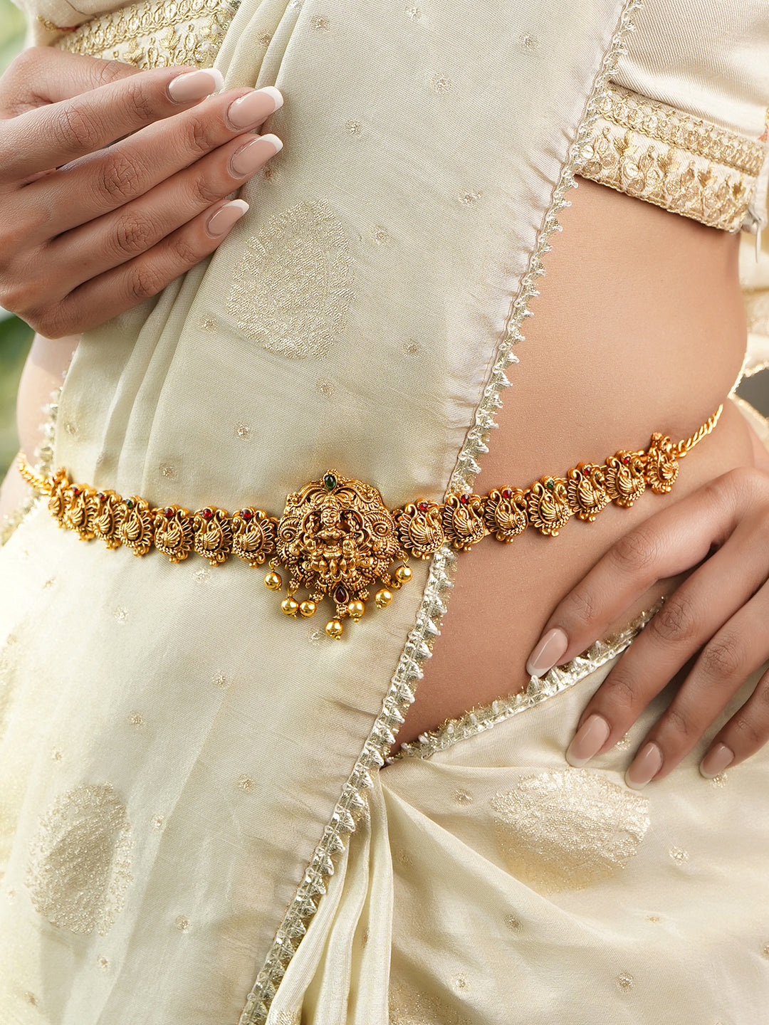Peacock & Laxmi Motif Golden Kamarbandh フリーサイズ