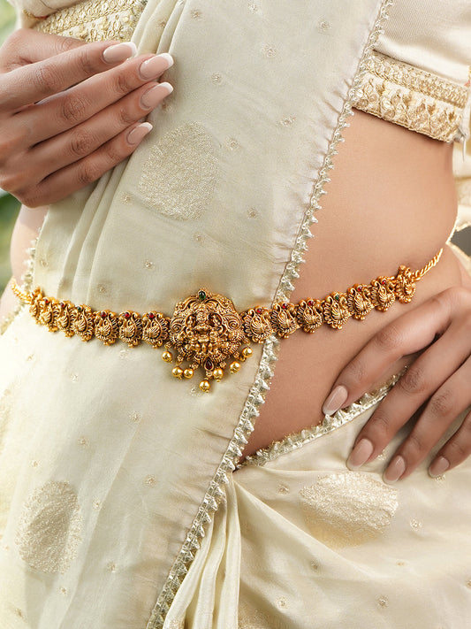 Peacock & Laxmi Motif Golden Kamarbandh フリーサイズ