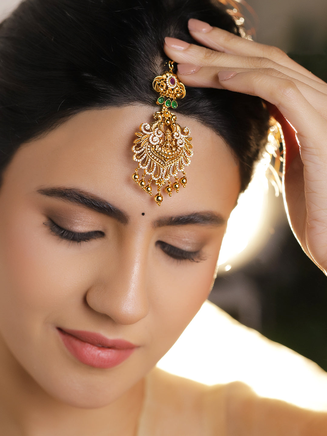 Laxmi Motif Maang Tikka With Gold Drops フリーサイズ