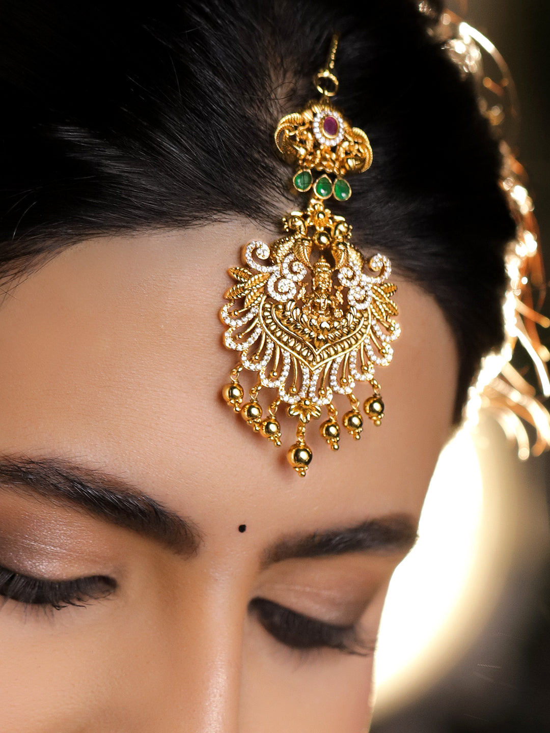 Laxmi Motif Maang Tikka With Gold Drops フリーサイズ