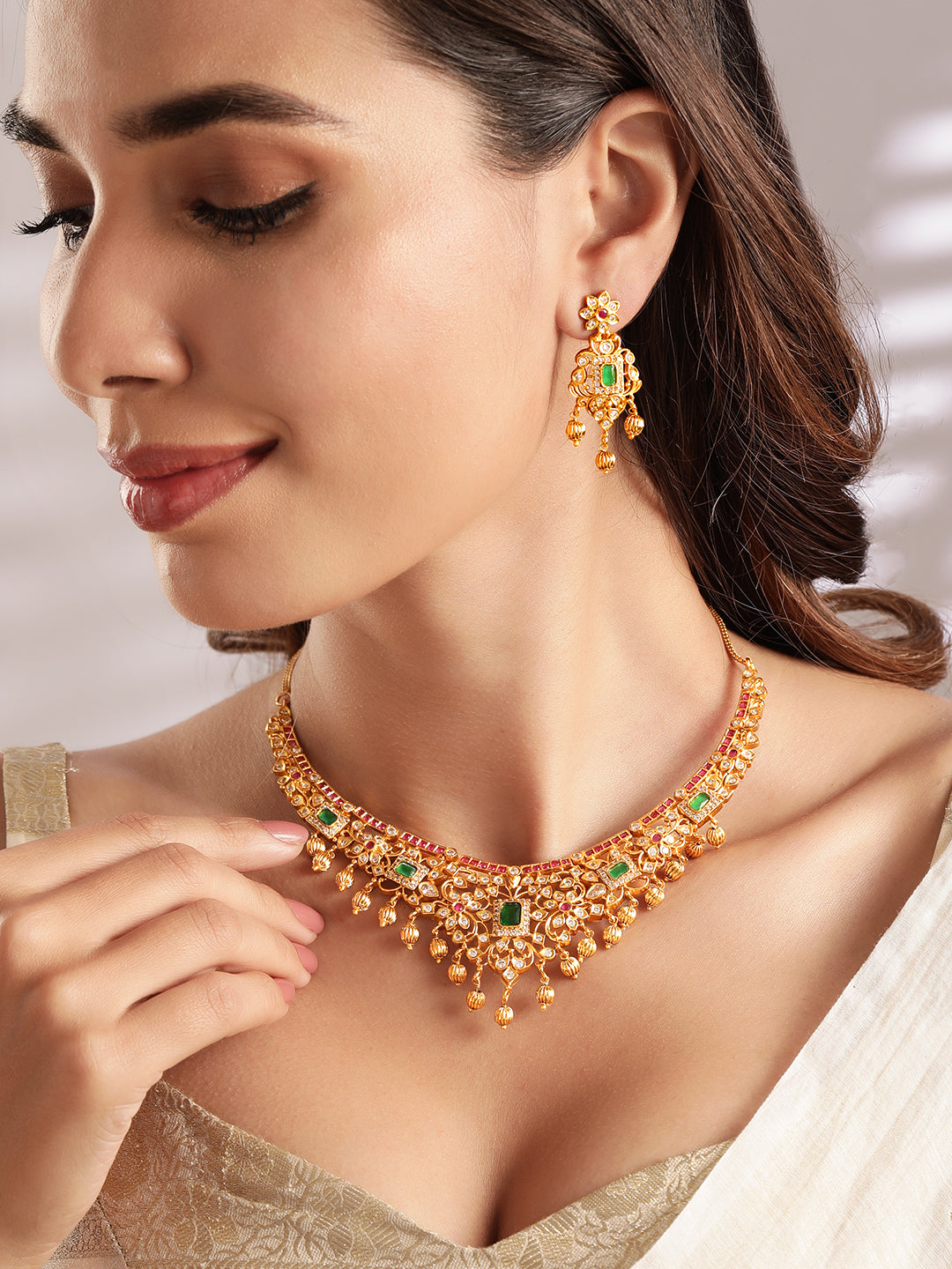 Rubans 22K Gold Plated Handcrafted Faux Ruby Stone with Gold Beads Traditional Necklace Set Multicolor