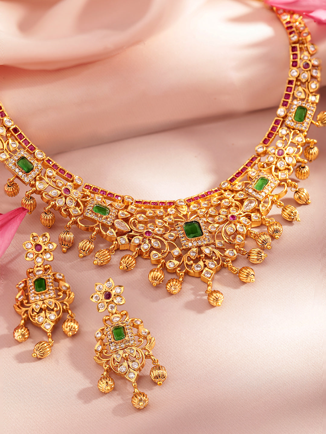 Rubans 22K Gold Plated Handcrafted Faux Ruby Stone with Gold Beads Traditional Necklace Set Multicolor