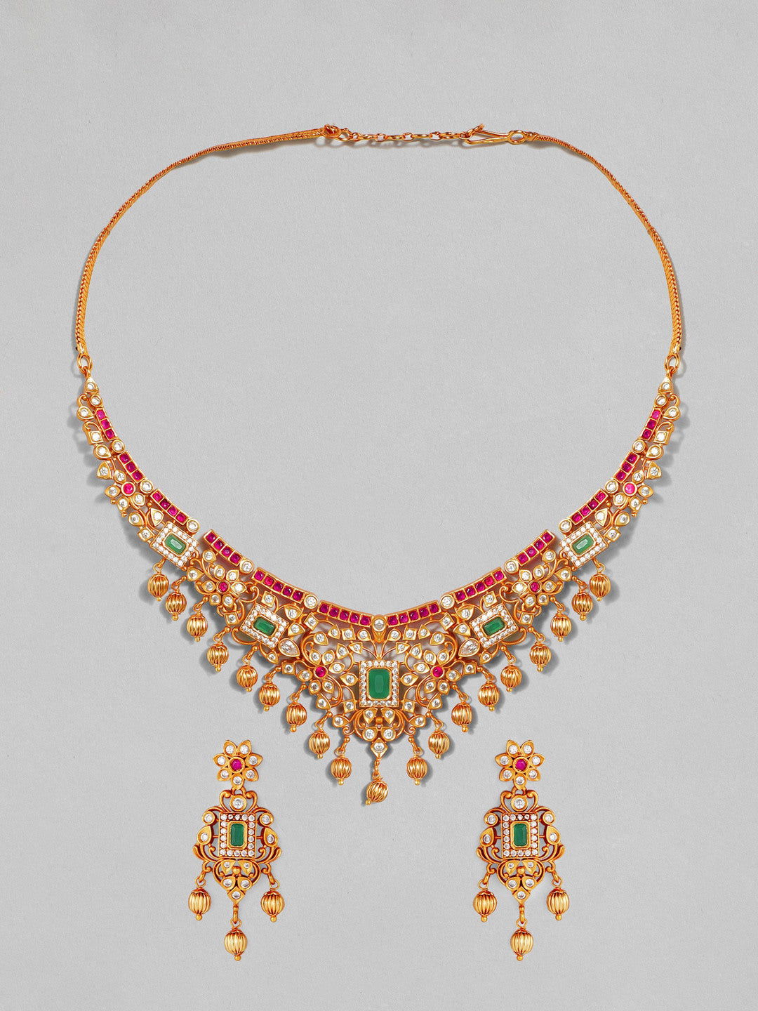 Rubans 22K Gold Plated Handcrafted Faux Ruby Stone with Gold Beads Traditional Necklace Set Multicolor