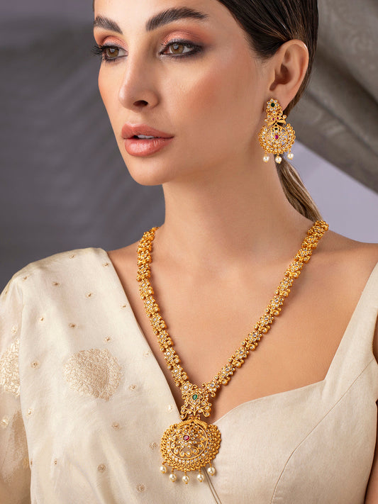 Rubans Gold-Toned Stone-Studded Handcrafted Jewellery Set Gold