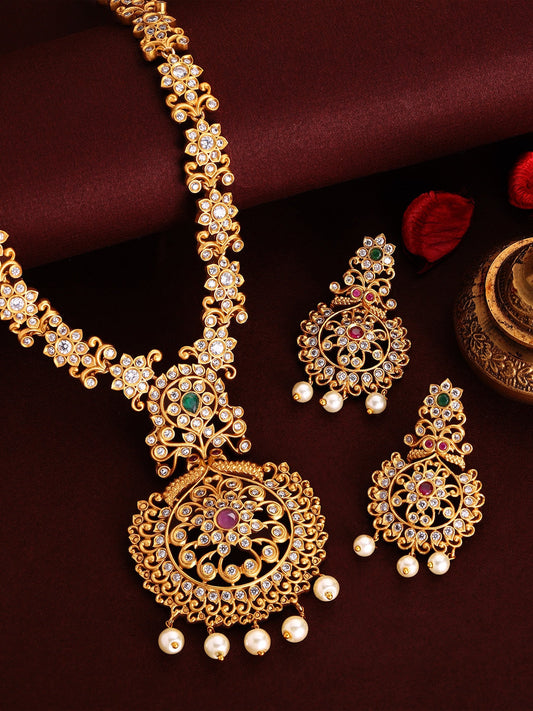 Rubans Gold-Toned Stone-Studded Handcrafted Jewellery Set Gold