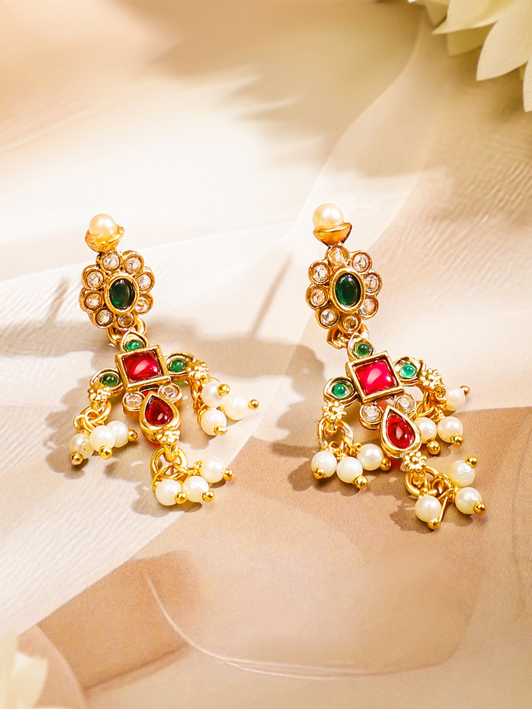 Pearl Drop Ruby Studded Necklace Set Multicolor