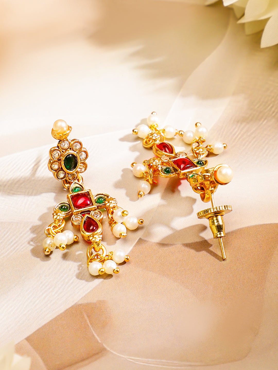 Pearl Drop Ruby Studded Necklace Set Gold