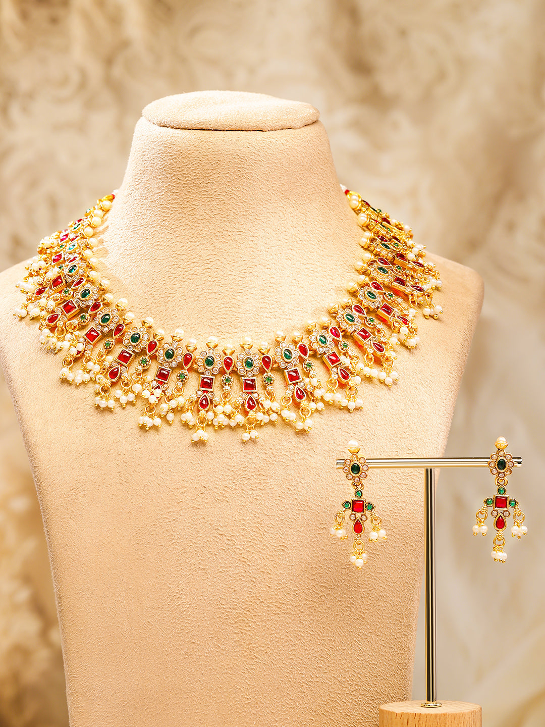 Pearl Drop Ruby Studded Necklace Set Gold