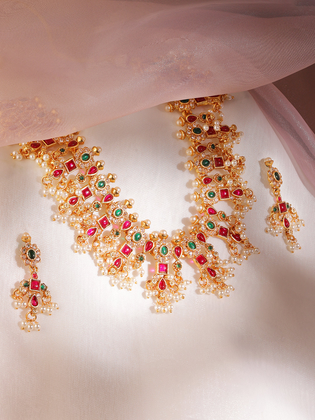 Pearl Drop Ruby Studded Necklace Set Multicolor