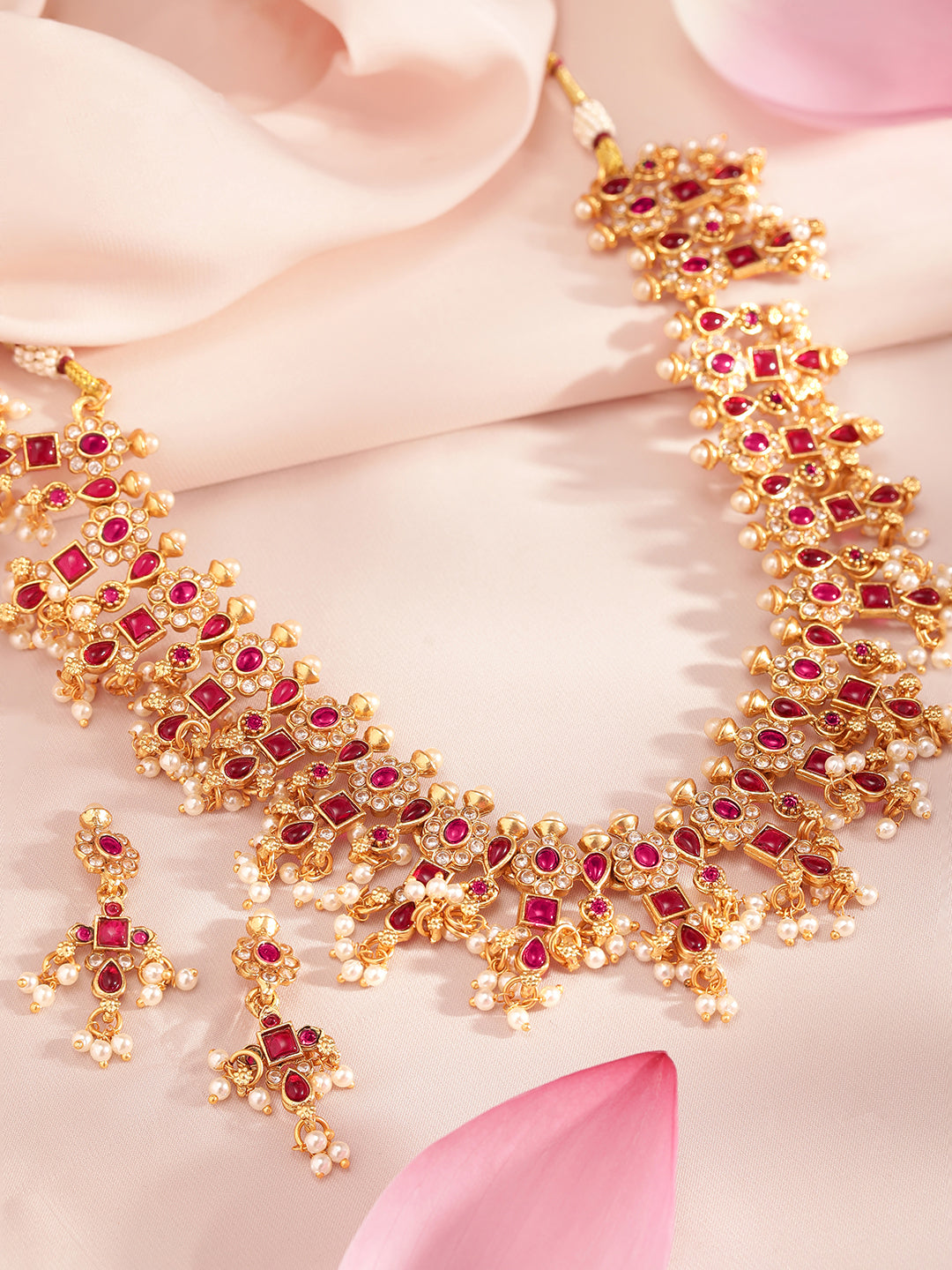 Pearl Drop Ruby Studded Necklace Set Multicolor