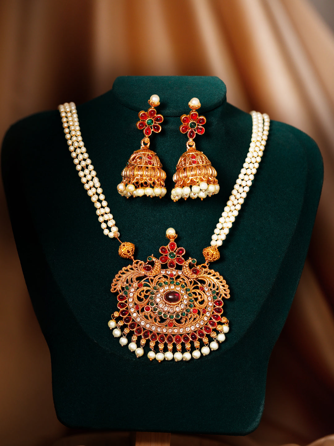 Rubans 24K Gold Plated Handcrafted Ruby Stone Temple Necklace Set Gold