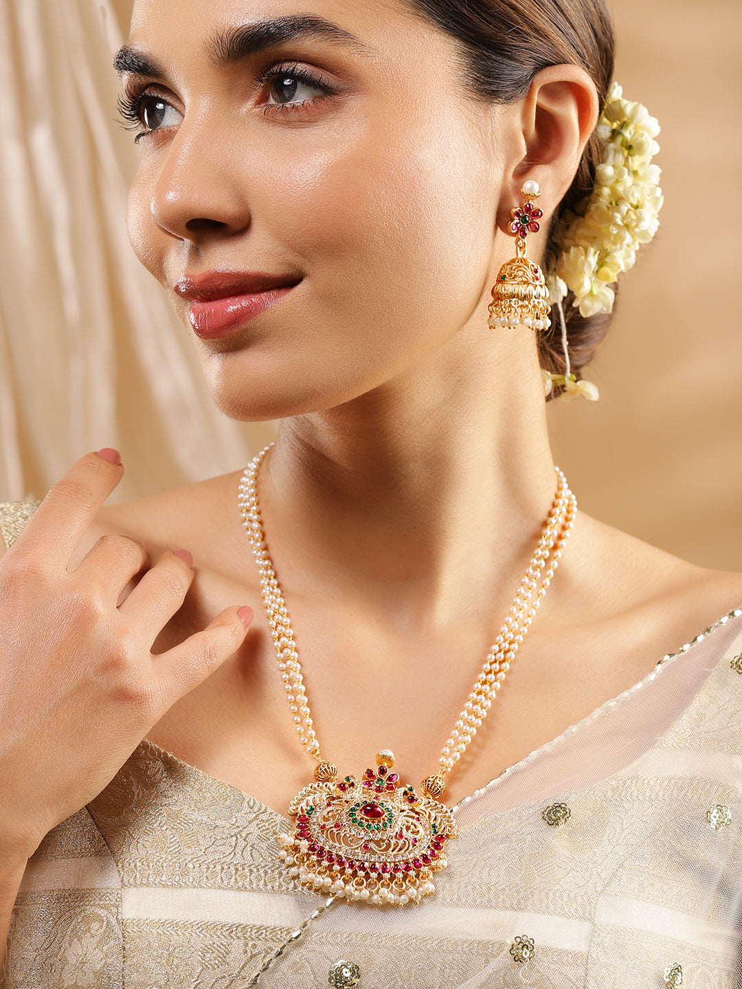Rubans 24K Gold Plated Handcrafted Ruby Stone Temple Necklace Set Gold